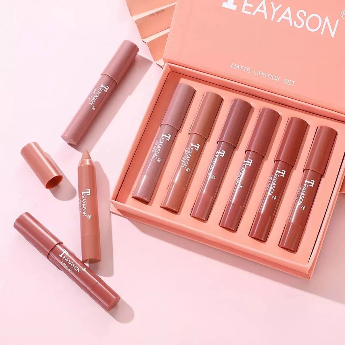 6pcs Teayason Crayons Lipstick Pencil Velvet Matte Waterproof Long Lasting Non-Stick Lipstick