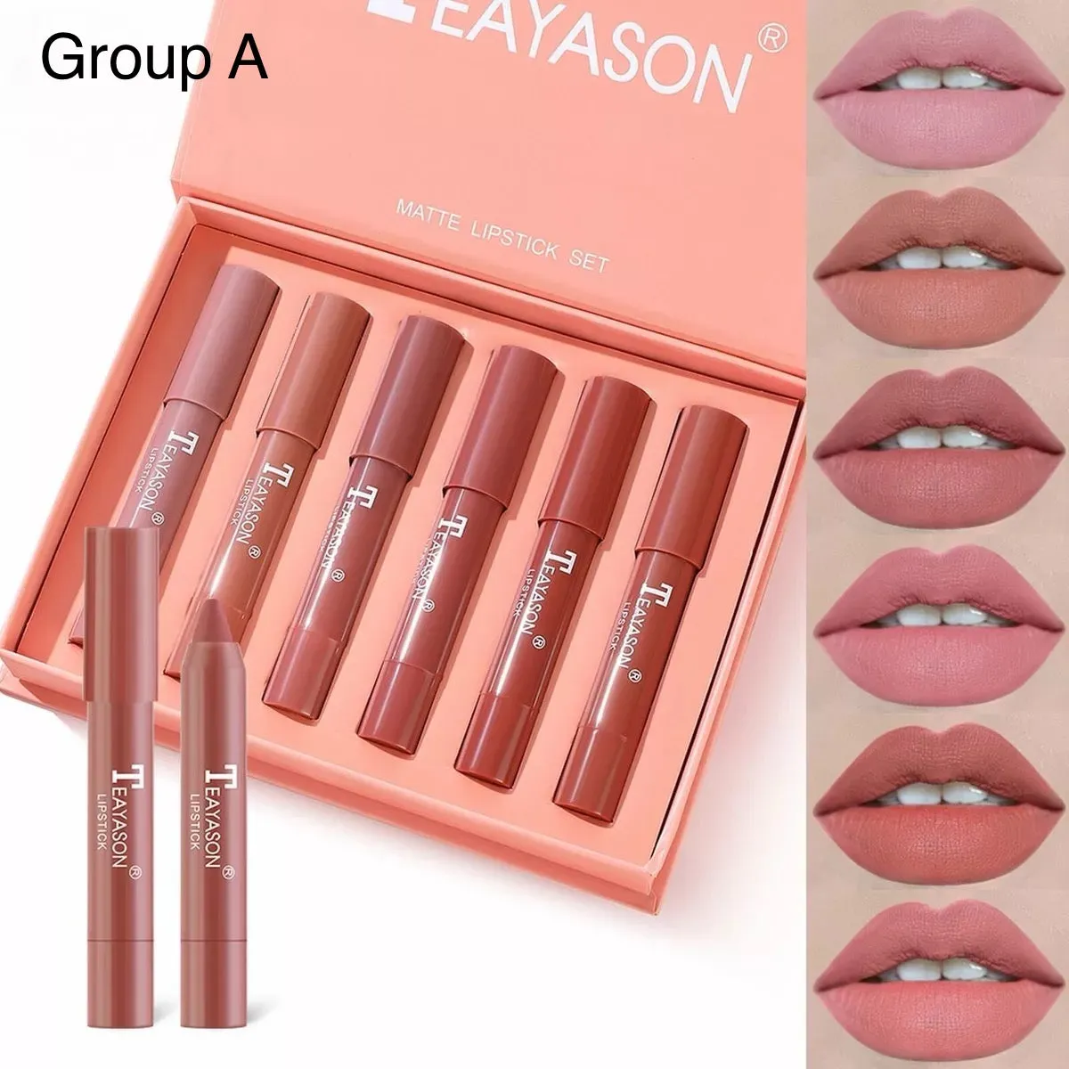 6pcs Teayason Crayons Lipstick Pencil Velvet Matte Waterproof Long Lasting Non-Stick Lipstick