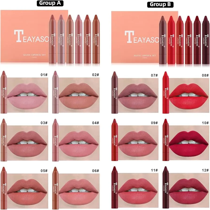 6pcs Teayason Crayons Lipstick Pencil Velvet Matte Waterproof Long Lasting Non-Stick Lipstick