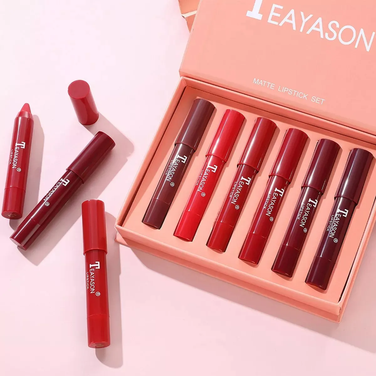 6pcs Teayason Crayons Lipstick Pencil Velvet Matte Waterproof Long Lasting Non-Stick Lipstick