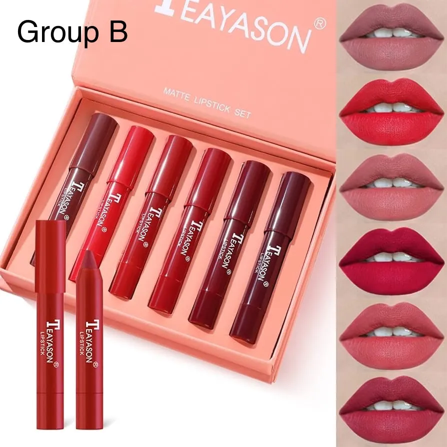 6pcs Teayason Crayons Lipstick Pencil Velvet Matte Waterproof Long Lasting Non-Stick Lipstick