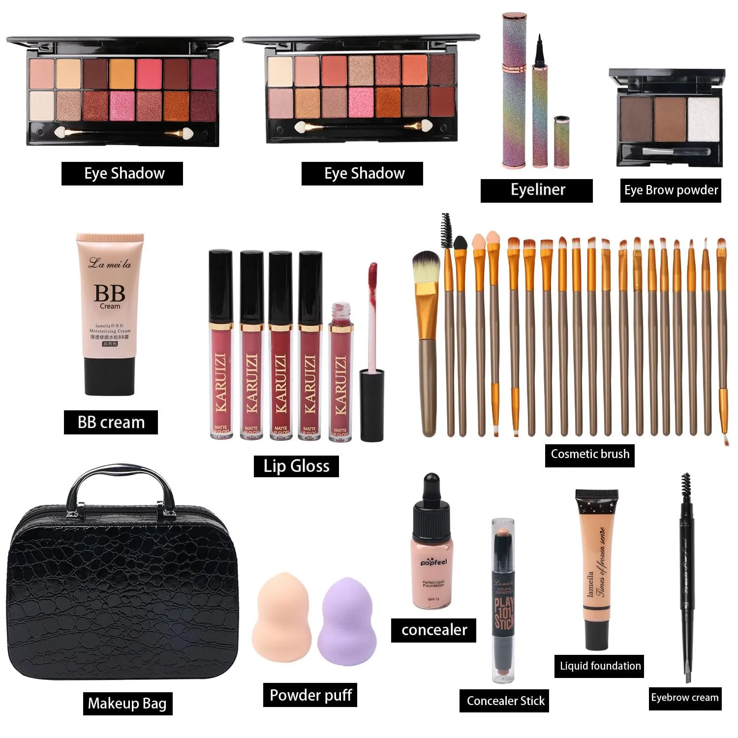 Comprehensive Makeup Collection: 2x14 Eyeshadow Palettes & 20 Brushes for Women & Teens (Black)