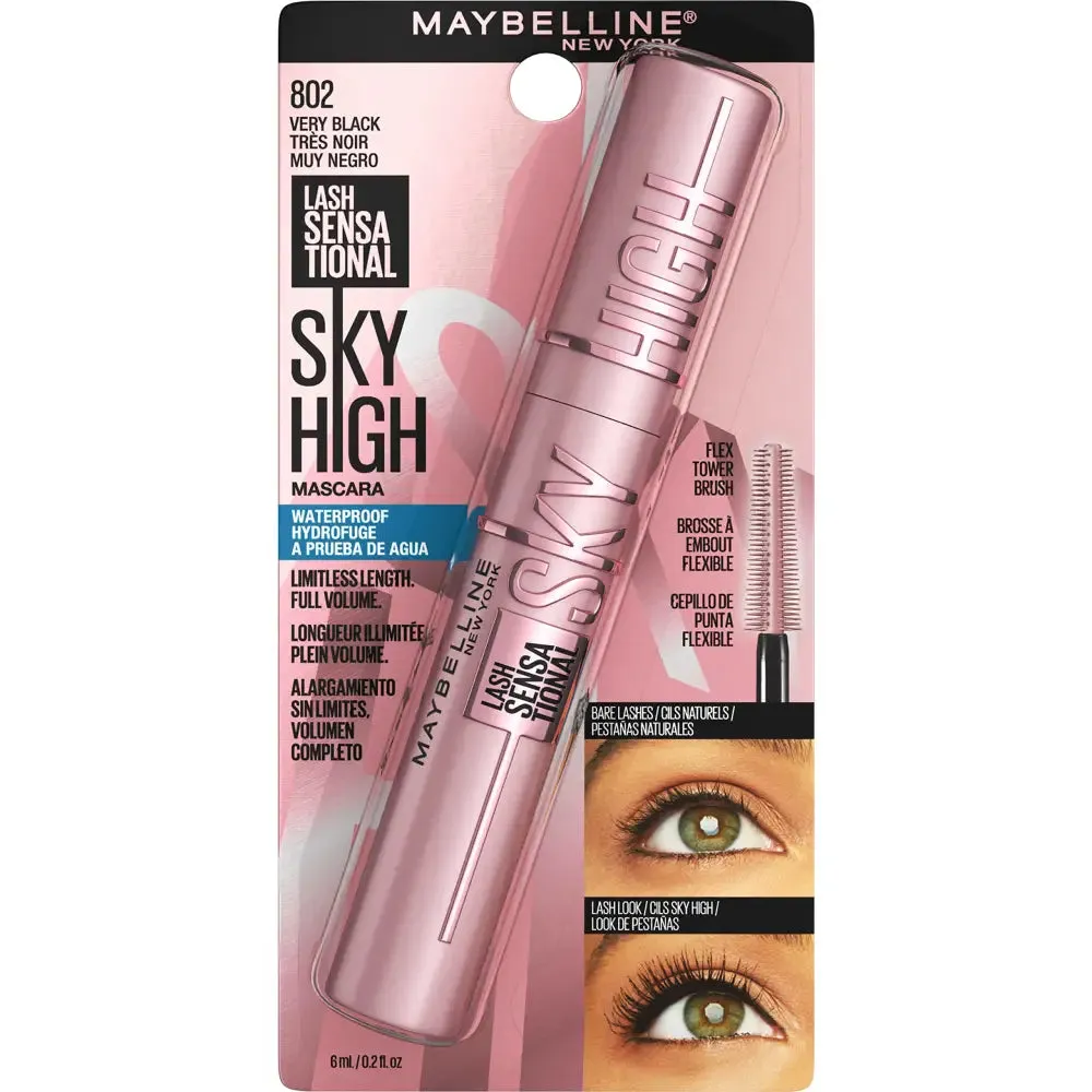 Maybelline New York Waterproof Mascara, Lengthening & Volumizing Mascara, With Bamboo Extract & Fibres, Lash Sensational Sky High, Very Black, 6ml