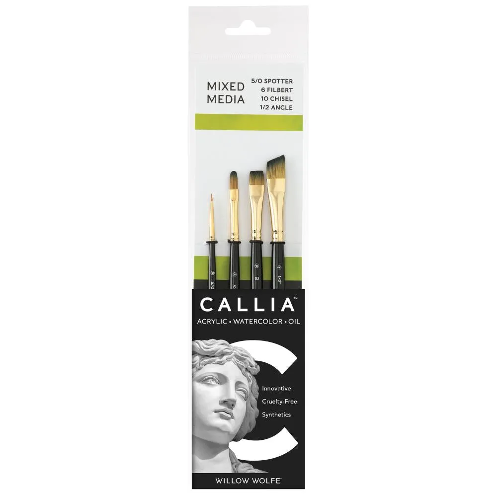 Willow Wolfe Callia Artist Mixed Media Try-It Brush Set Spotter, Filbert, Chisel, Angle